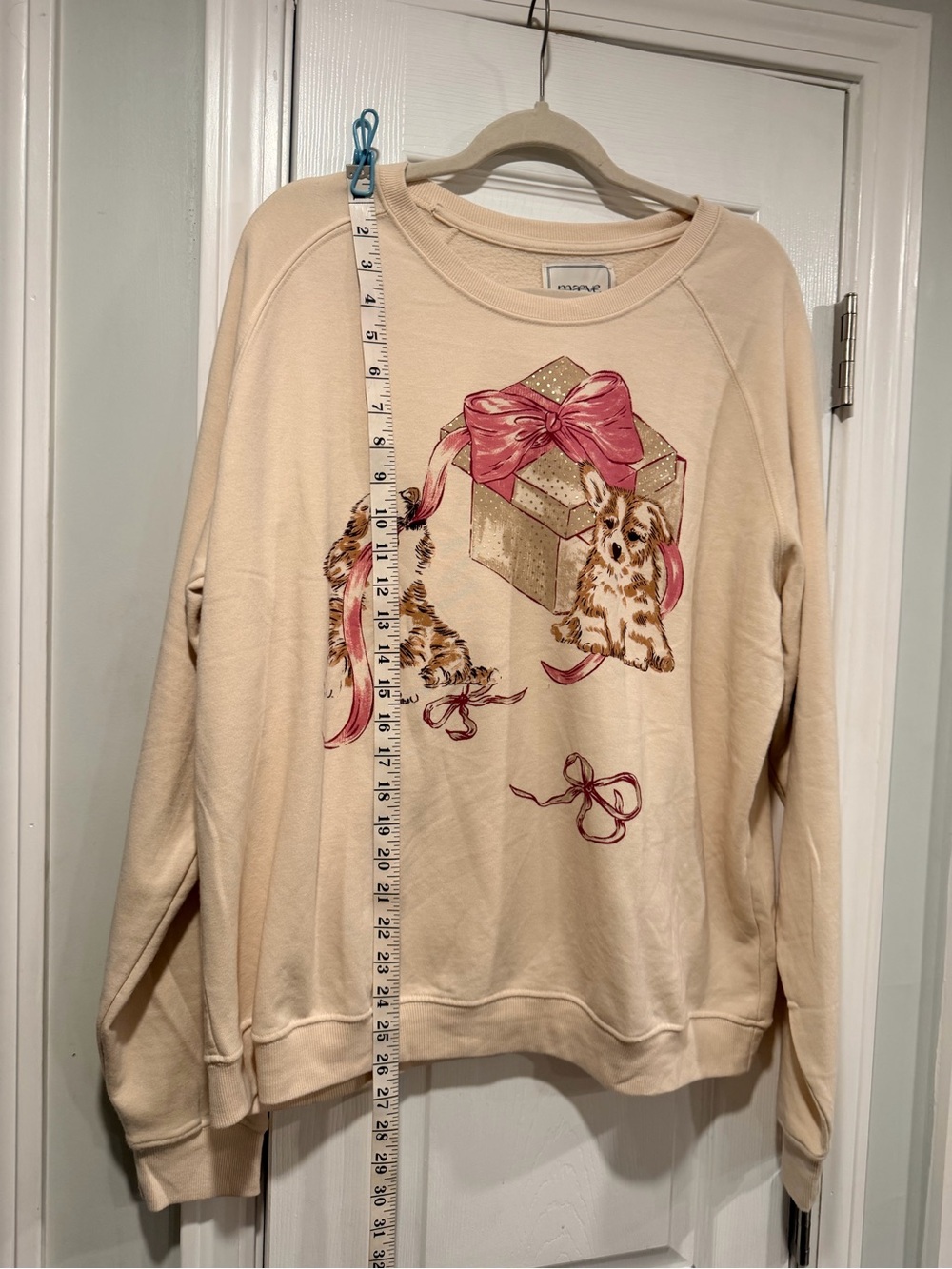 NWOT Maeve Anthropologie Size XL Dog Gift Bow Graphic Sweatshirt Beige Gold - Picture 10 of 10